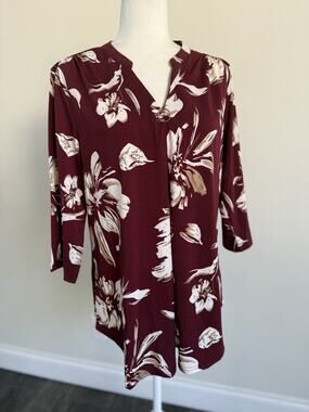 Valolia Women's Burgundy V Neck 3/4 Sleeve Floral Blouse Sz XL